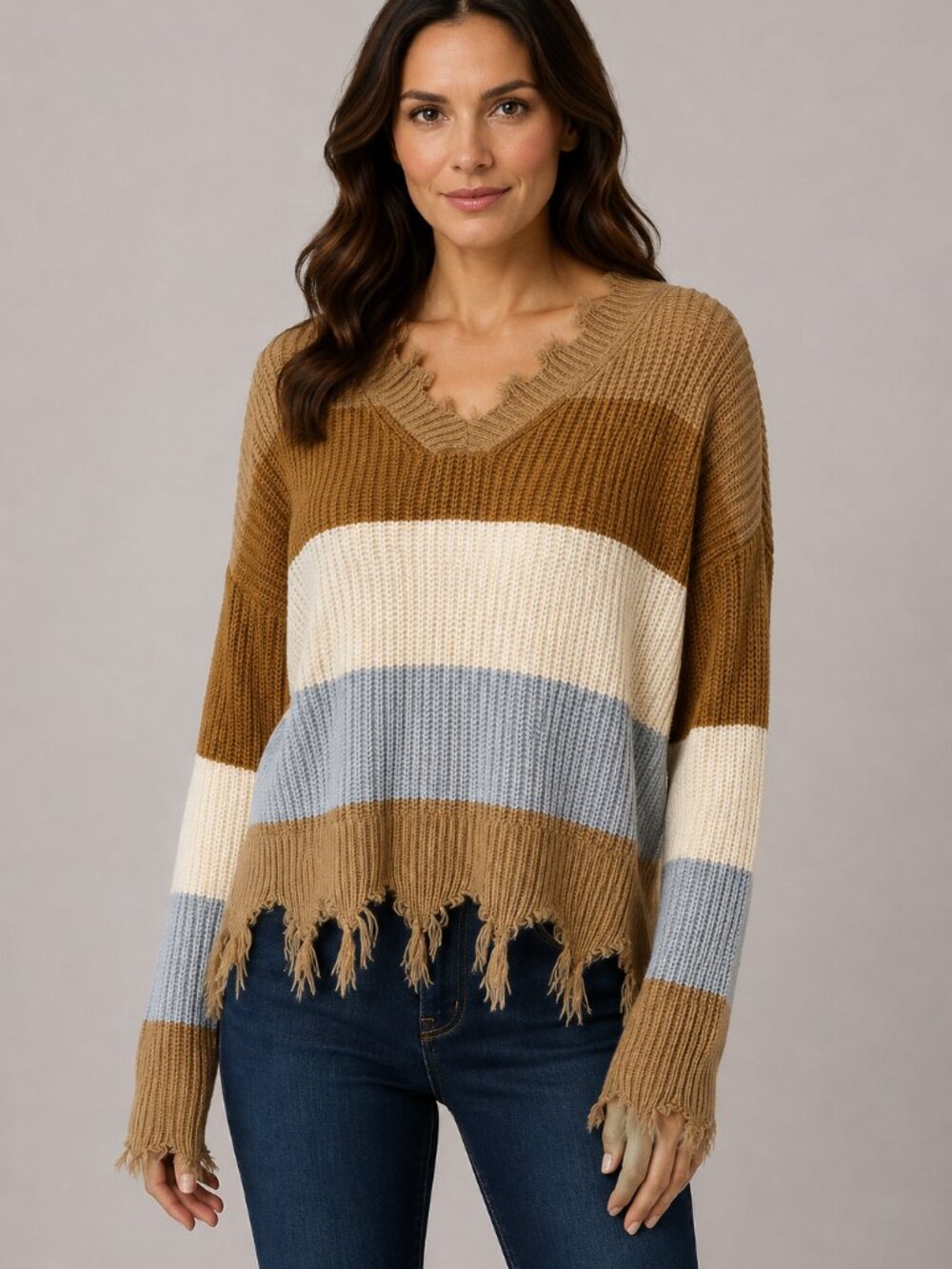 Full Circle Trends XL Colorblock Distressed V-Neck Sweater Boho Grunge